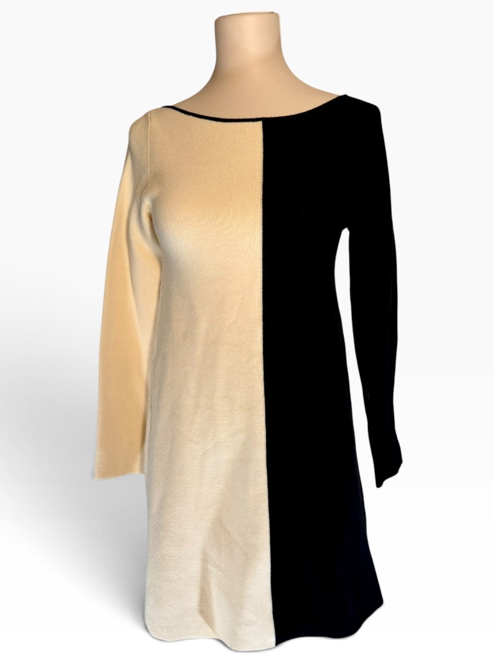 Zara Color Block Sweater Dress S Ivory Black Boat Neck Long Sleeve Knit Mini